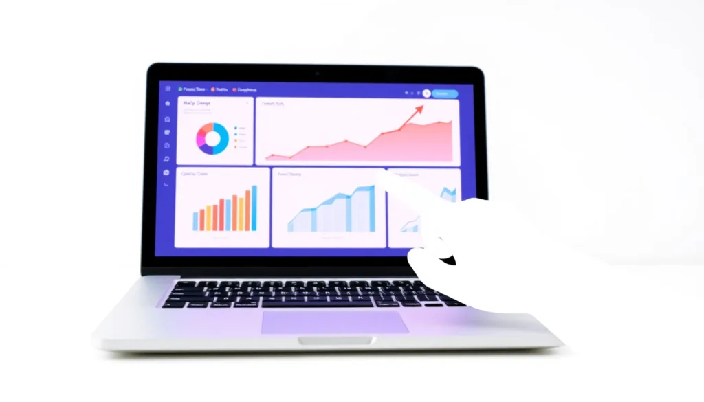 Laptop screen with colorful analytics dashboard and a stylized hand pointing to a rising trend line.