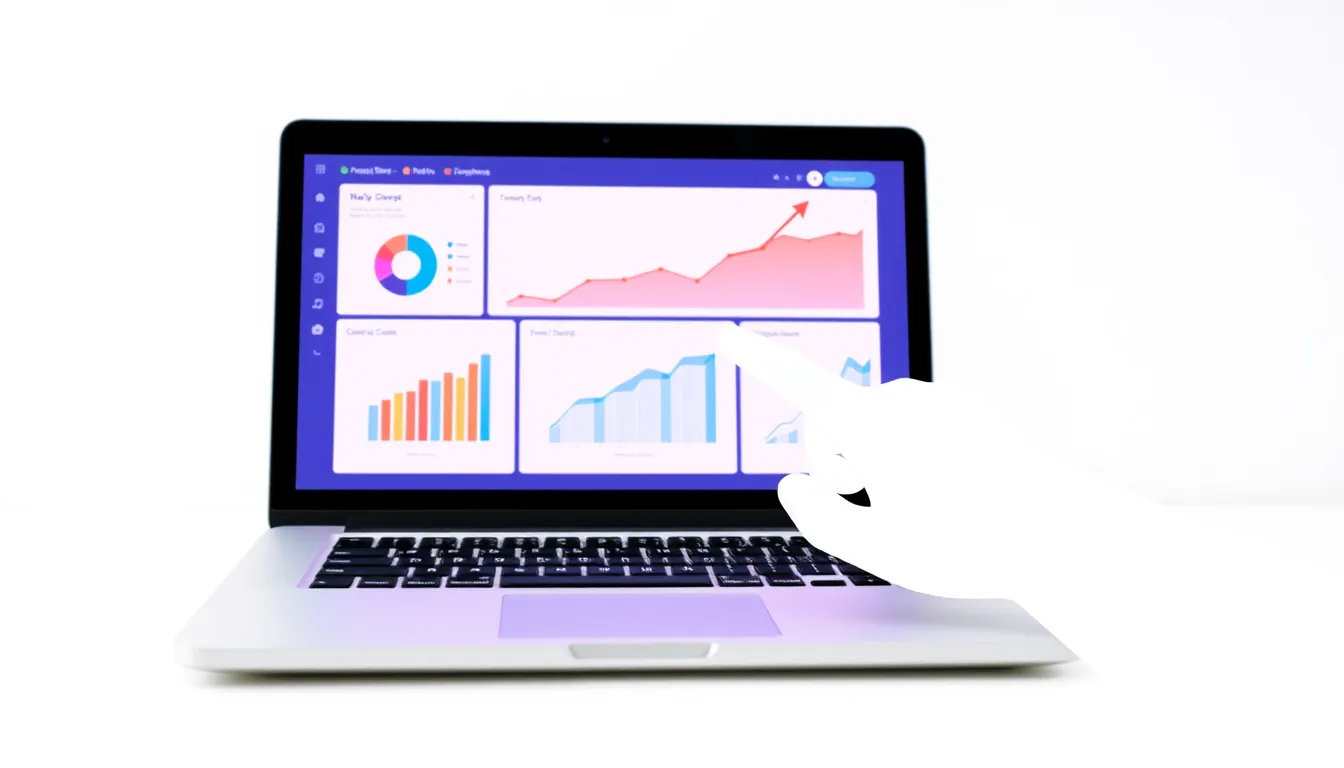 Laptop screen with colorful analytics dashboard and a stylized hand pointing to a rising trend line.