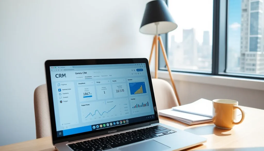 Bright office with laptop showing generic CRM dashboard, coffee mug, documents, window with cityscape.