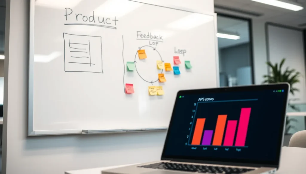 Whiteboard with product sketch, feedback loop diagram, sticky notes, laptop showing NPS bar chart.