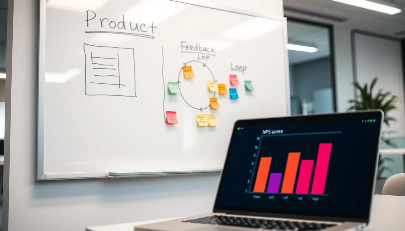 Whiteboard with product sketch, feedback loop diagram, sticky notes, laptop showing NPS bar chart.